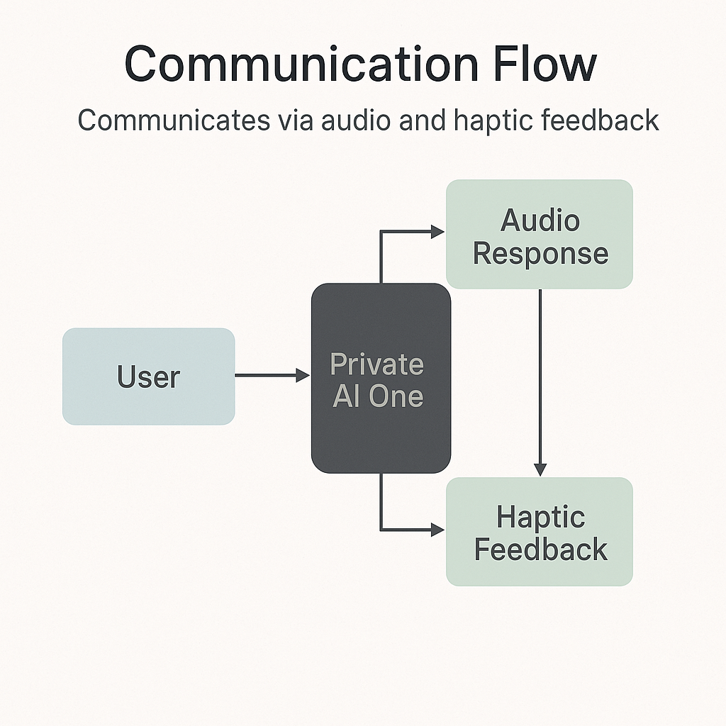 User ↔ PrivateAI One ↔ audio/display/haptics flow
